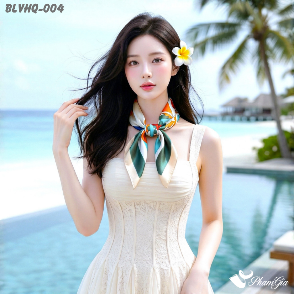 Khăn Lụa Vuông 70*70cm Phong Cách Hàn Quốc Họa Tiết Cô Gái Màu Xanh Rêu (BLVHQ004)