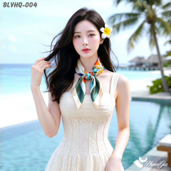 Khăn Lụa Vuông 70*70cm Phong Cách Hàn Quốc Họa Tiết Cô Gái Màu Xanh Rêu (BLVHQ004)