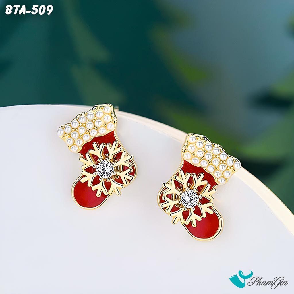 Bông Tai Đôi Tất Noel Đính Đá Ngọc Trai Dễ Thương