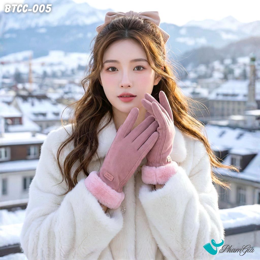 Găng Tay Lót Lông 2 Lớp Cao Cấp Phối Viền Màu Hồng (BTCC005)