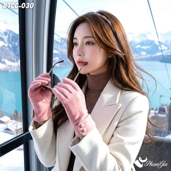 Găng Tay Len Nhung Lót Lông 2 Lớp Đính Nút Cao Cấp Màu Hồng (BTCC030)