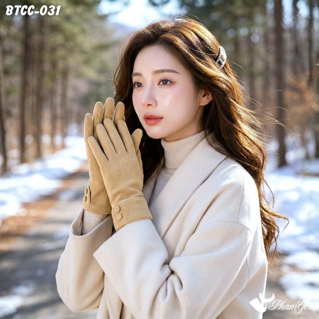 Găng Tay Len Nhung Lót Lông 2 Lớp Đính Nút Cao Cấp Màu Nâu (BTCC031)