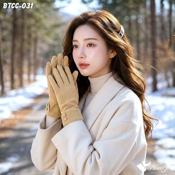 Găng Tay Len Nhung Lót Lông 2 Lớp Đính Nút Cao Cấp Màu Nâu (BTCC031)
