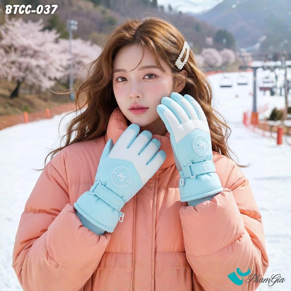 Găng Tay Phao Lót Lông 2 Lớp Siêu Dày Giữ Ấm Mùa Đông, Chống Thấm Nước Cao Cấp Màu Xanh Baby (BTCC037)