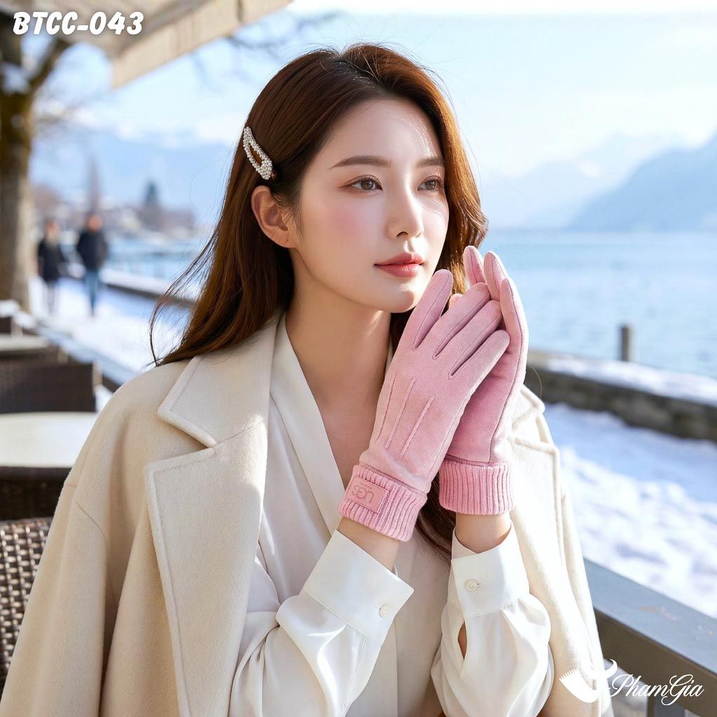 Găng Tay Mùa Đông Phối Viền Len Giữ Ấm Cao Cấp Màu Hồng Ruốc (BTCC043)