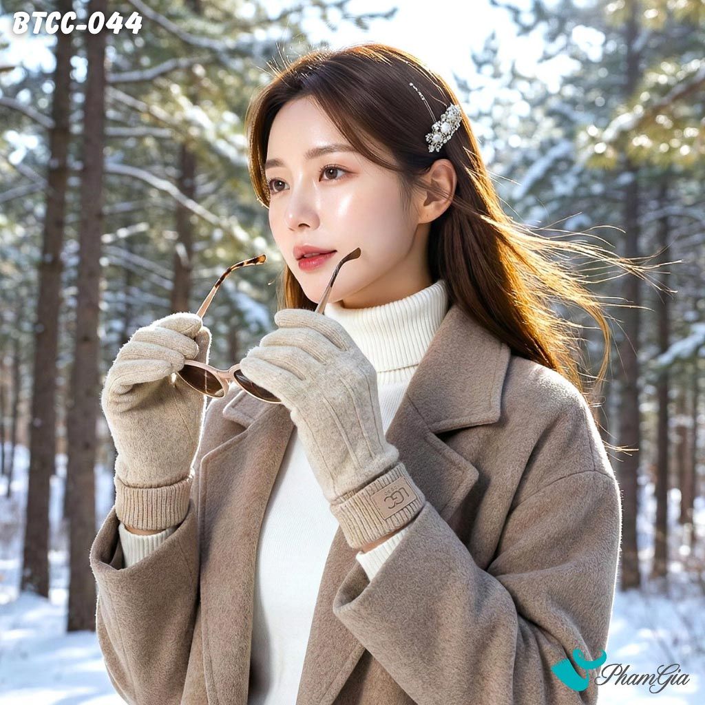 Găng Tay Mùa Đông Phối Viền Len Giữ Ấm Cao Cấp Màu Beige (BTCC044)