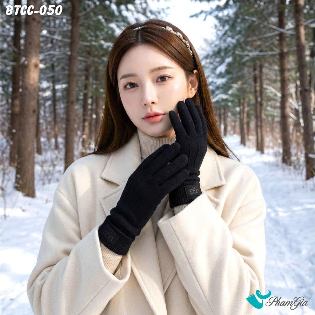Găng Tay Mùa Đông Phối Viền Len Giữ Ấm Cao Cấp Màu Đen (BTCC050)