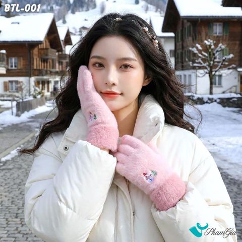 Găng Tay Len Lông Cừu Họa Tiết Giáng Sinh Màu Hồng (BTL001)