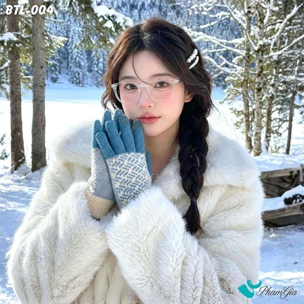 Găng Tay Len Lót Lông Họa Tiết Mùa Đông Phối Màu Xanh Biển (BTL004)