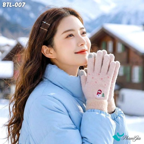 Găng Tay Len Lông Cừu Họa Tiết Giáng Sinh Màu Hồng Kem (BTL007)