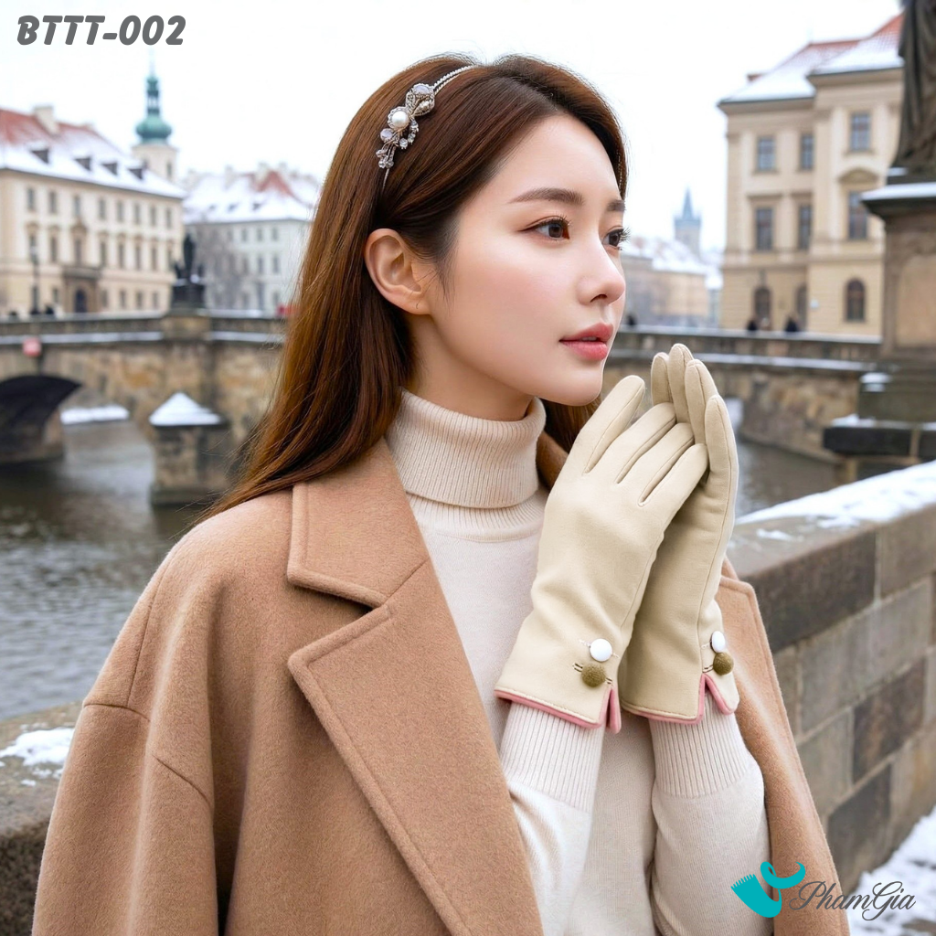 Găng Tay Da Lộn Thời Trang Giữ Ấm Màu Beige Viền Hồng Thanh Lịch (BTTT002)