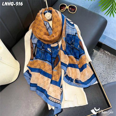 Khăn Choàng Linen Phong Cách Hàn Quốc Hoạ Tiết Túi Xách Retro Phối Viền Xanh Navy Hiện Đại (LNHQ916)