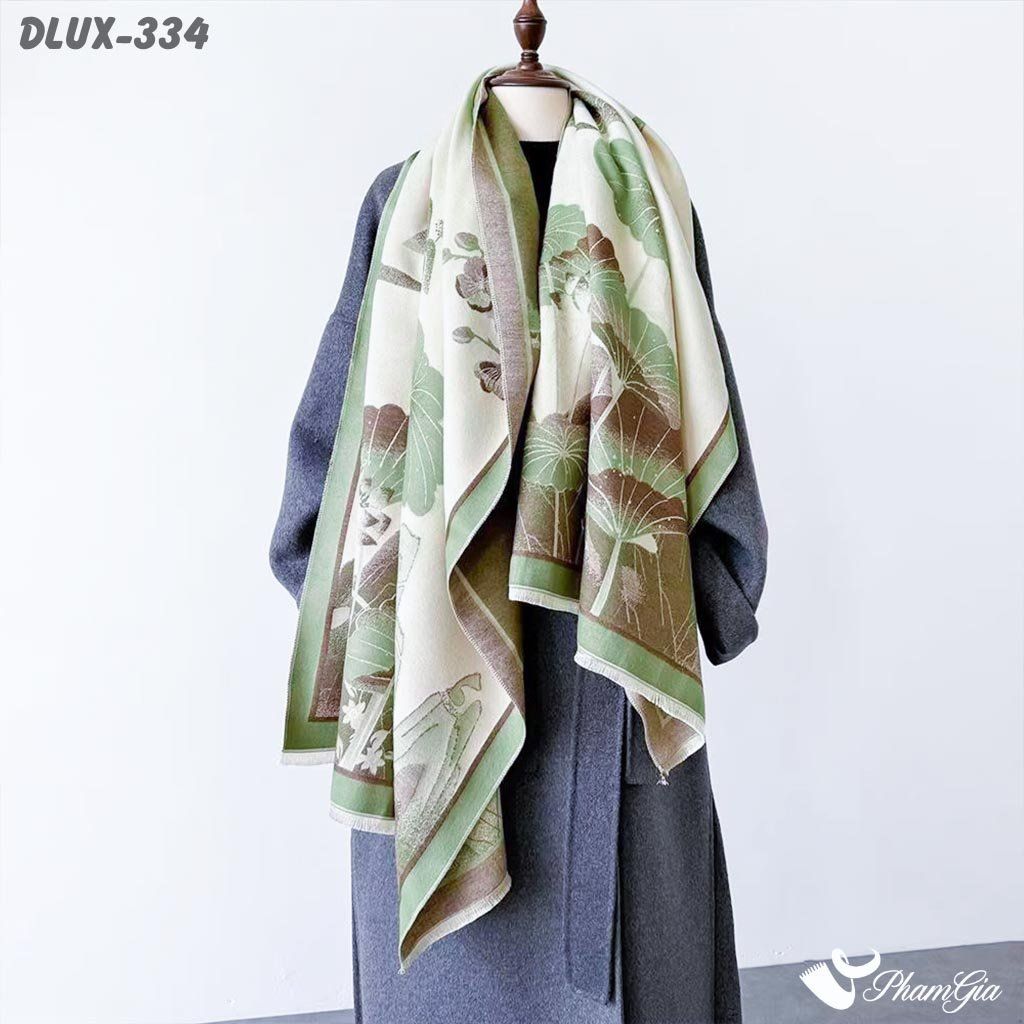 Khăn Choàng Dạ Cashmere Cao Cấp Họa Tiết Hoa Sen Sơn Thủy Màu Xanh Rêu Sang Trọng (DLUX334)
