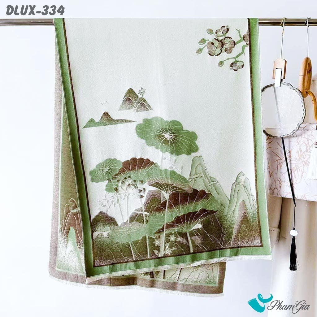 Khăn Choàng Dạ Cashmere Cao Cấp Họa Tiết Hoa Sen Sơn Thủy Màu Xanh Rêu Sang Trọng (DLUX334)