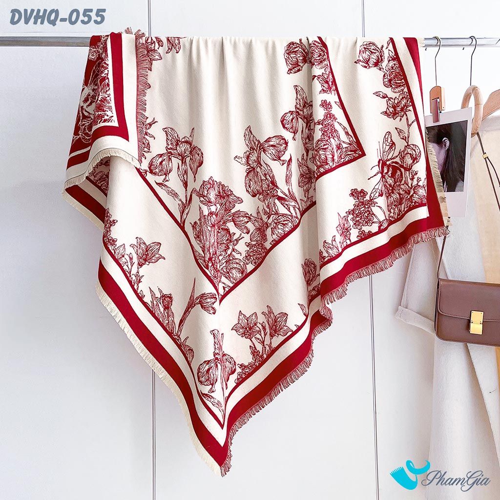 Khăn Choàng Dạ Cashmere Vuông Phong Cách Hàn Quốc Cao Cấp Họa Tiết Hoa Diên Vĩ Màu Đỏ