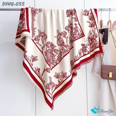 Khăn Choàng Dạ Cashmere Vuông Phong Cách Hàn Quốc Cao Cấp Họa Tiết Hoa Diên Vĩ Màu Đỏ