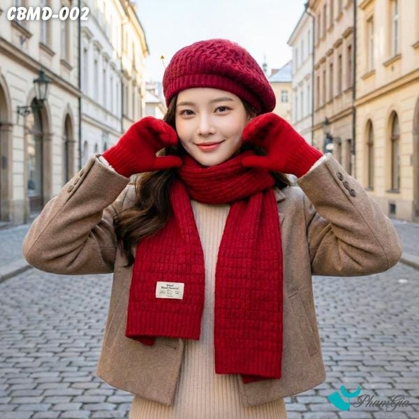 Combo Giữ Ấm Đặc Biệt Mùa Đông Gồm Khăn Len - Nón Len - Găng Tay Len Màu Đỏ (CBMD002)