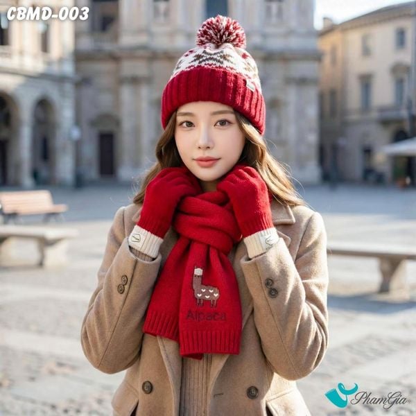 Combo Giữ Ấm Đặc Biệt Mùa Đông Gồm Khăn Len - Nón Len - Găng Tay Len Màu Đỏ (CBMD003)