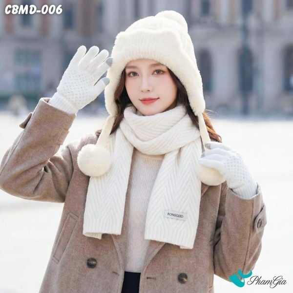 Combo Giữ Ấm Đặc Biệt Mùa Đông Gồm Khăn Len - Nón Len - Găng Tay Len Màu Trắng (CBMD006)