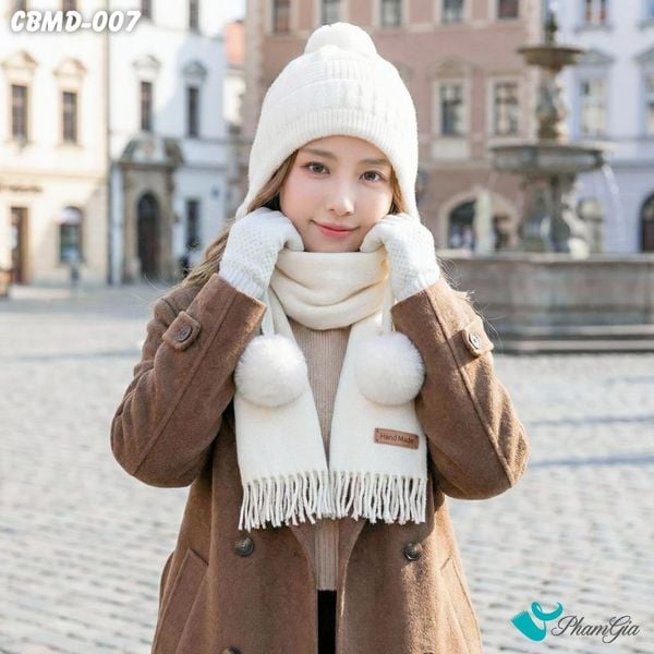 Combo Giữ Ấm Đặc Biệt Mùa Đông Gồm Khăn Len - Nón Len - Găng Tay Len Màu Trắng (CBMD007)