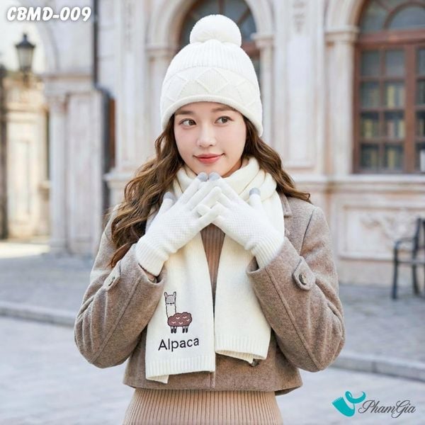 Combo Giữ Ấm Đặc Biệt Mùa Đông Gồm Khăn Len - Nón Len - Găng Tay Len Màu Trắng (CBMD009)