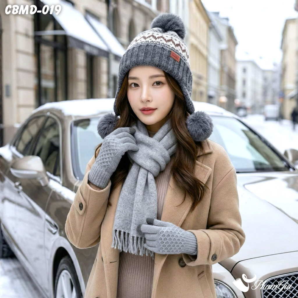 Combo Giữ Ấm Đặc Biệt Mùa Đông Gồm Khăn Len - Nón Len - Găng Tay Len Màu Xám (CBMD019)
