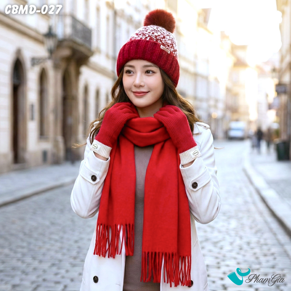 Combo Giữ Ấm Đặc Biệt Mùa Đông Gồm Khăn Cashmere Trơn - Nón Len - Găng Tay Len Màu Đỏ (CBMD027)