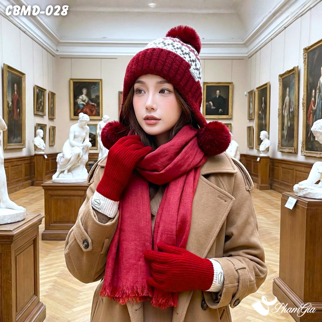 Combo Giữ Ấm Đặc Biệt Mùa Đông Gồm Khăn Linen Trơn - Nón Len - Găng Tay Len Màu Đỏ (CBMD028)