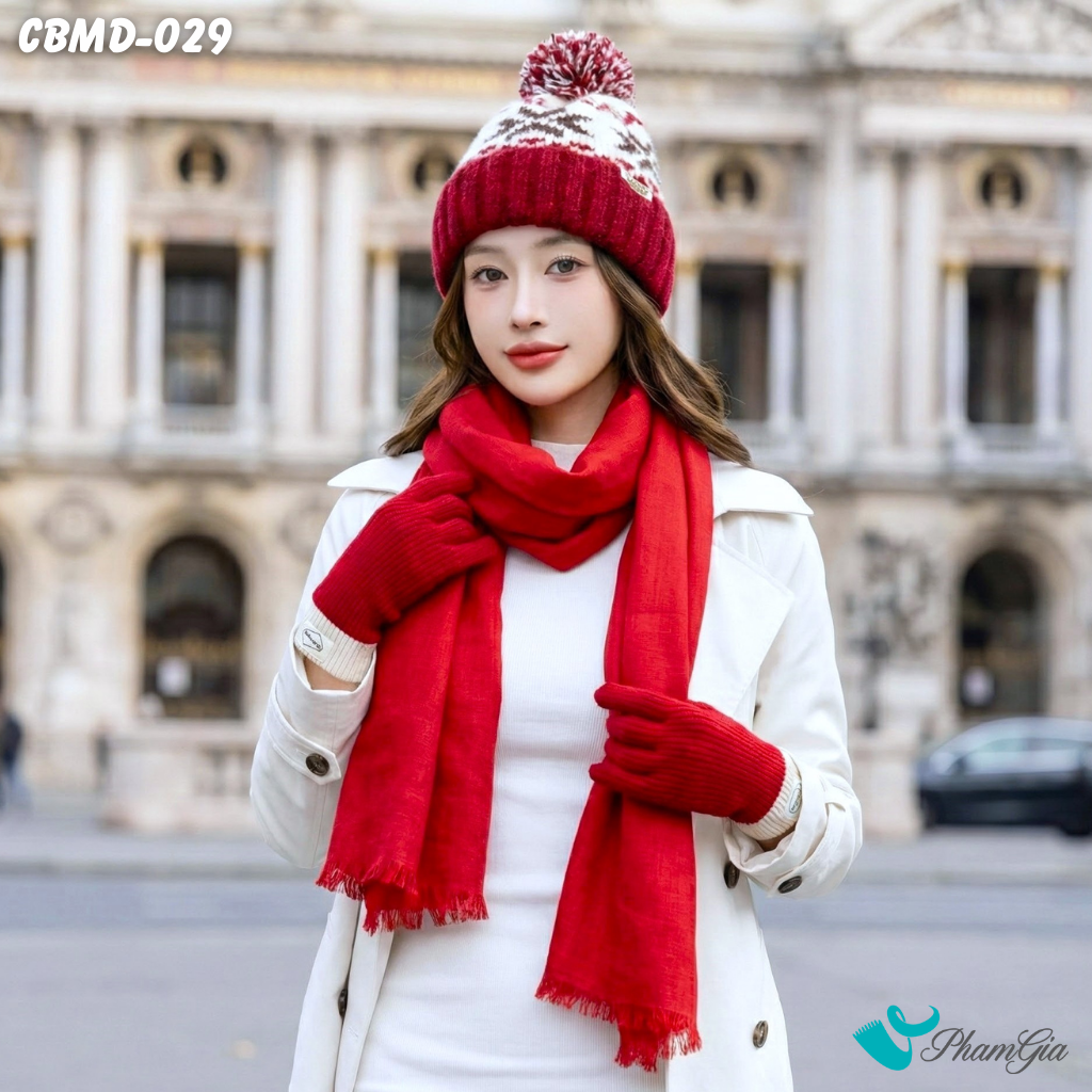 Combo Giữ Ấm Đặc Biệt Mùa Đông Gồm Khăn Linen Trơn - Nón Len - Găng Tay Len Màu Đỏ (CBMD029)