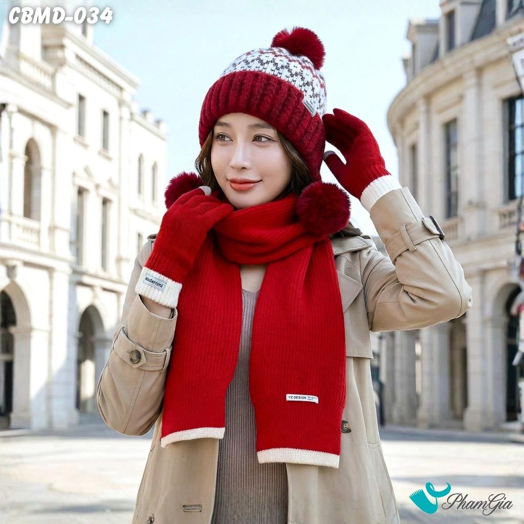 Combo Giữ Ấm Đặc Biệt Mùa Đông Gồm Khăn Len - Nón Len - Găng Tay Len Màu Đỏ (CBMD034)