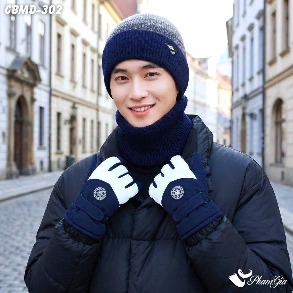 Combo Giữ Ấm Đặc Biệt Mùa Đông Cho Nam Gồm Khăn Len - Nón Len - Găng Tay Cao Cấp Màu Xanh Navy (CBMD302)