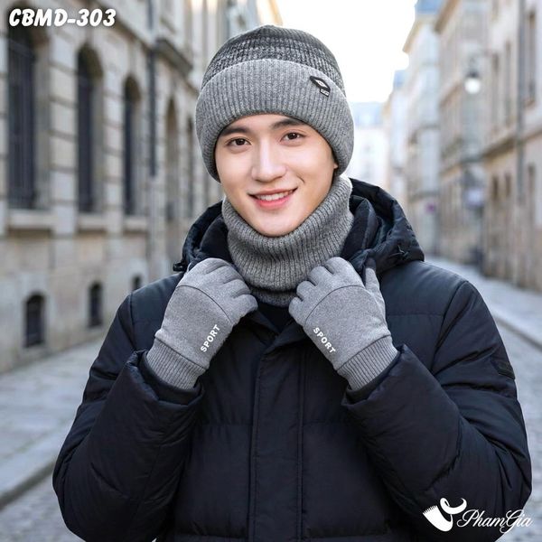 Combo Giữ Ấm Đặc Biệt Mùa Đông Cho Nam Gồm Khăn Len - Nón Len - Găng Tay Cao Cấp Màu Xám (CBMD303)