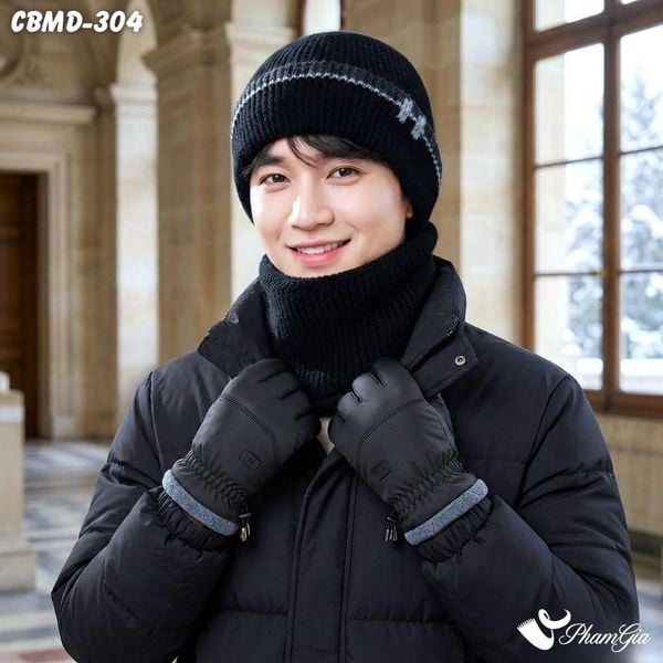 Combo Giữ Ấm Đặc Biệt Mùa Đông Cho Nam Gồm Khăn Len - Nón Len - Găng Tay Cao Cấp Màu Đen (CBMD304)