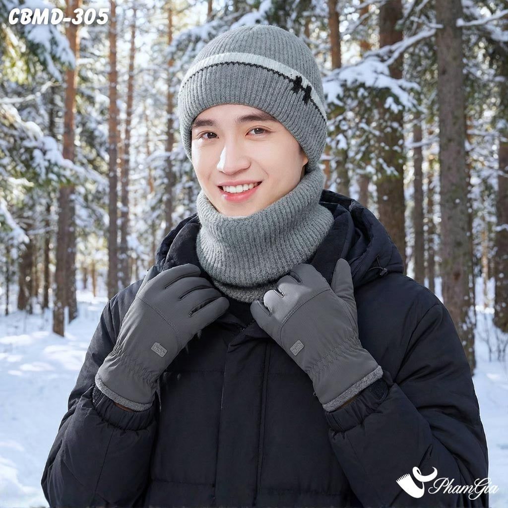 Combo Giữ Ấm Đặc Biệt Mùa Đông Cho Nam Gồm Khăn Len - Nón Len - Găng Tay Cao Cấp Màu Xám Khói (CBMD305)