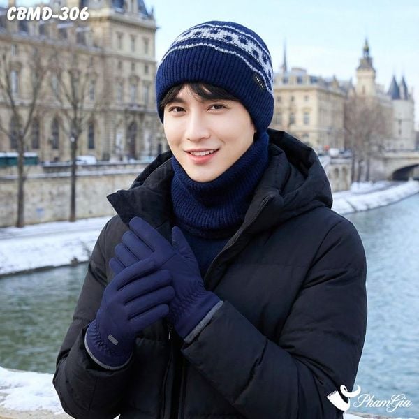 Combo Giữ Ấm Đặc Biệt Mùa Đông Cho Nam Gồm Khăn Len - Nón Len - Găng Tay Cao Cấp Màu Xanh Navy (CBMD306)