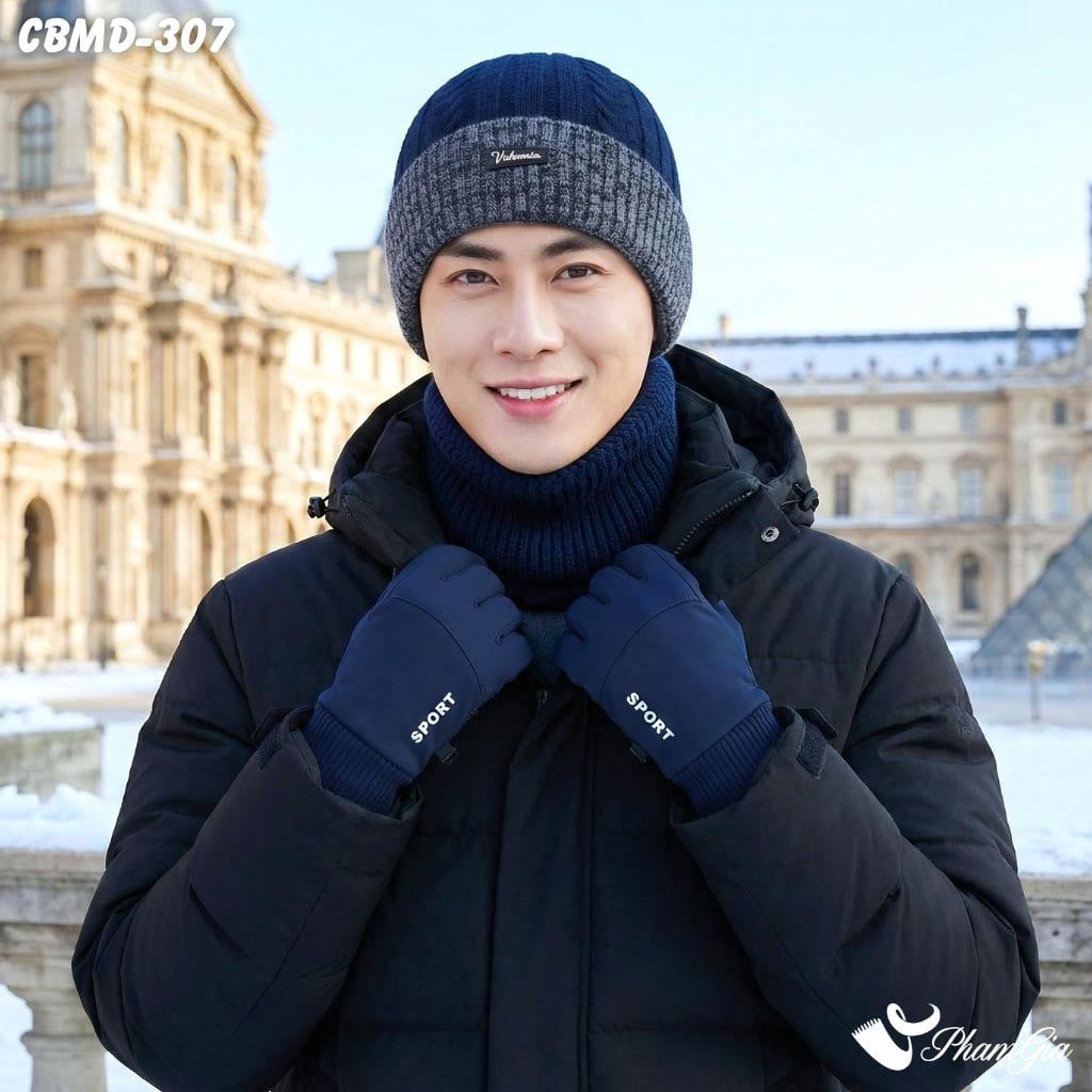 Combo Giữ Ấm Đặc Biệt Mùa Đông Cho Nam Gồm Khăn Len - Nón Len - Găng Tay Cao Cấp Màu Xanh Navy (CBMD307)