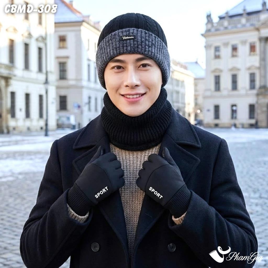 Combo Giữ Ấm Đặc Biệt Mùa Đông Cho Nam Gồm Khăn Len - Nón Len - Găng Tay Cao Cấp Màu Đen (CBMD308)