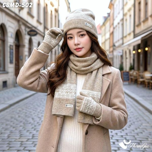 Combo Giữ Ấm Chuyên Dụng Gồm Khăn Len - Nón Len - Găng Tay Len Siêu Dày Màu Beige Phối Họa Tiết (CBMD502)