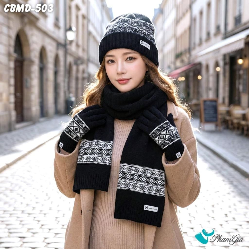 Combo Giữ Ấm Chuyên Dụng Gồm Khăn Len - Nón Len - Găng Tay Len Siêu Dày Màu Đen Phối Họa Tiết (CBMD503)