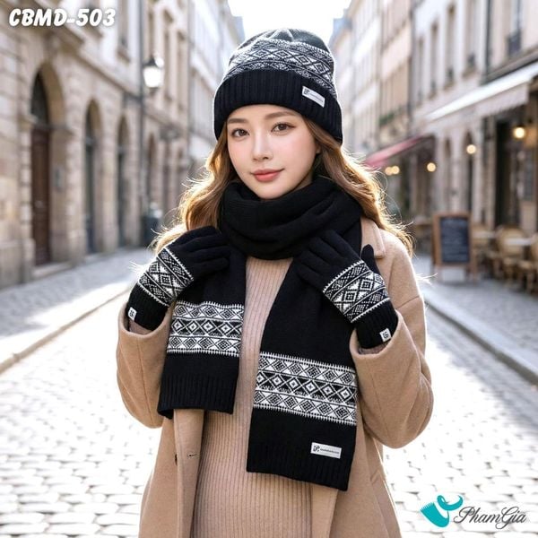 Combo Giữ Ấm Chuyên Dụng Gồm Khăn Len - Nón Len - Găng Tay Len Siêu Dày Màu Đen Phối Họa Tiết (CBMD503)