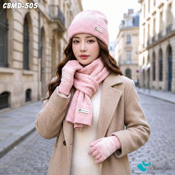 Combo Giữ Ấm Chuyên Dụng Gồm Khăn Len - Nón Len - Găng Tay Len Siêu Dày Màu Hồng Phối Họa Tiết (CBMD505)