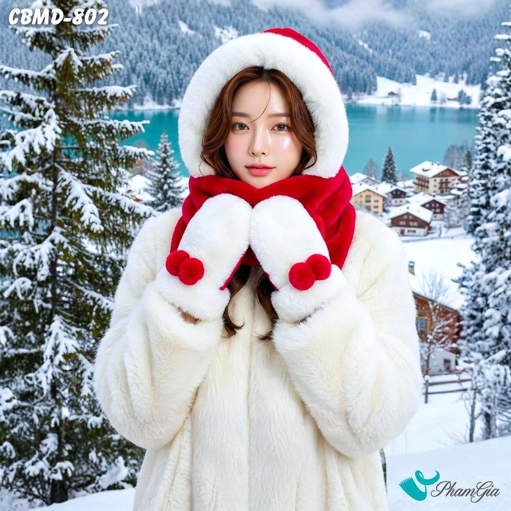 Combo Len Nhung Giữ Ấm Tích Hợp 3in1 Phối Lông Màu Đỏ - Trắng (CBMD802)