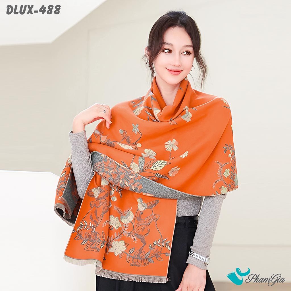 Khăn Choàng Dạ Cashmere Cao Cấp Họa Tiết Hoa Dây Leo Màu Cam Gạch Trẻ Trung