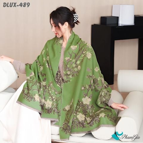 Người Mẫu Choàng Khăn Choàng Dạ Cashmere Cao Cấp Họa Tiết Hoa Dây Leo Màu Xanh Trang Nhã