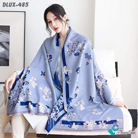 Họa Tiết Khăn Choàng Dạ Cashmere Cao Cấp Họa Tiết Hoa Lá Màu Xanh Blue Trang Nhã