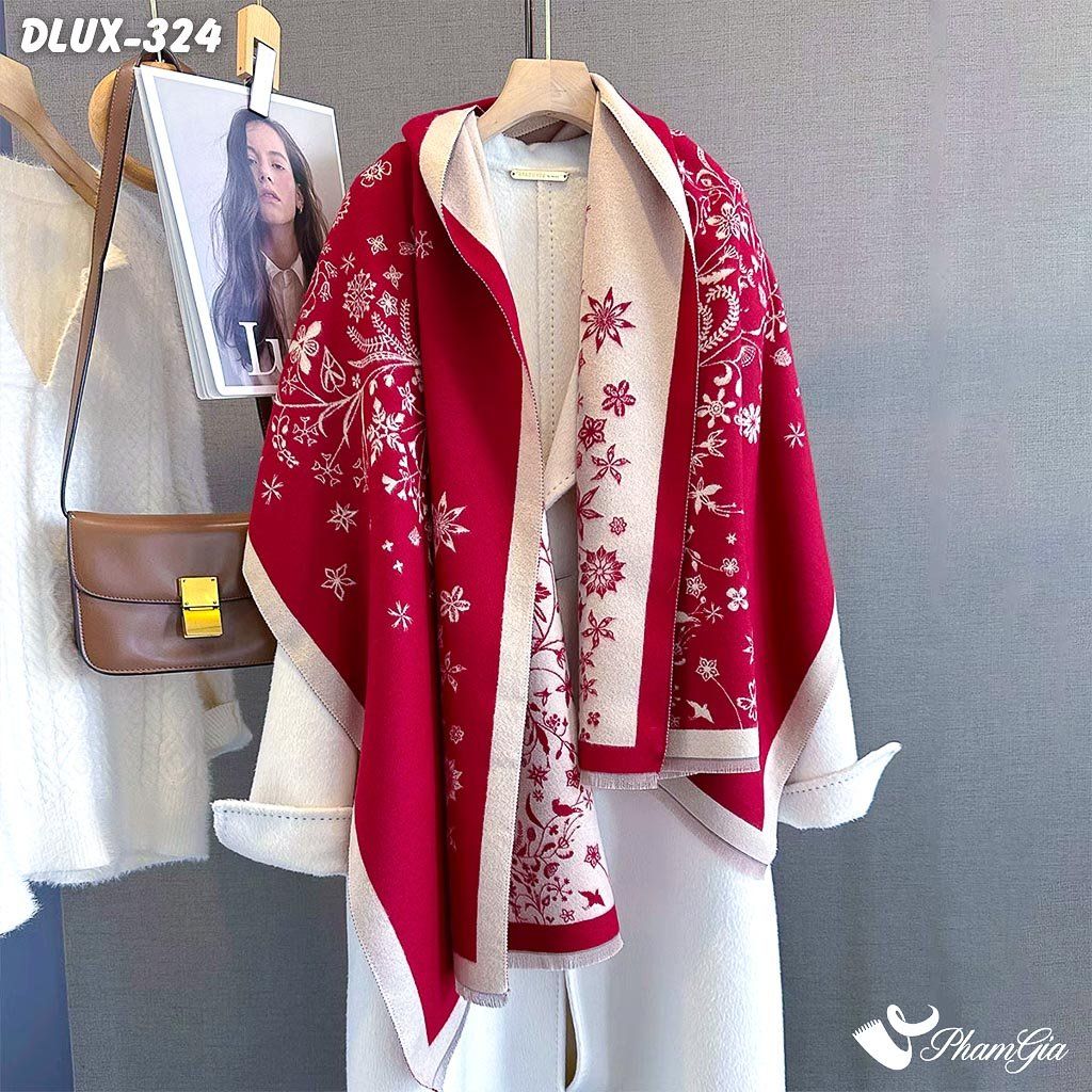 Khăn Choàng Dạ Cashmere Cao Cấp Họa Tiết Hoa Nguyệt Quế Màu Đỏ Quý Phái (DLUX324)