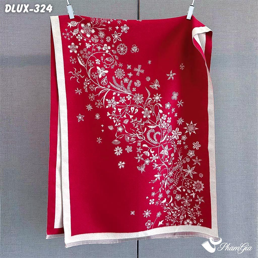 Khăn Choàng Dạ Cashmere Cao Cấp Họa Tiết Hoa Nguyệt Quế Màu Đỏ Quý Phái (DLUX324)