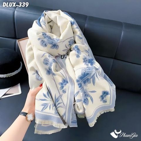 Khăn Choàng Dạ Cashmere Cao Cấp Họa Tiết Hoa Diên Vĩ Màu Xanh Lơ Trang Nhã (DLUX339)