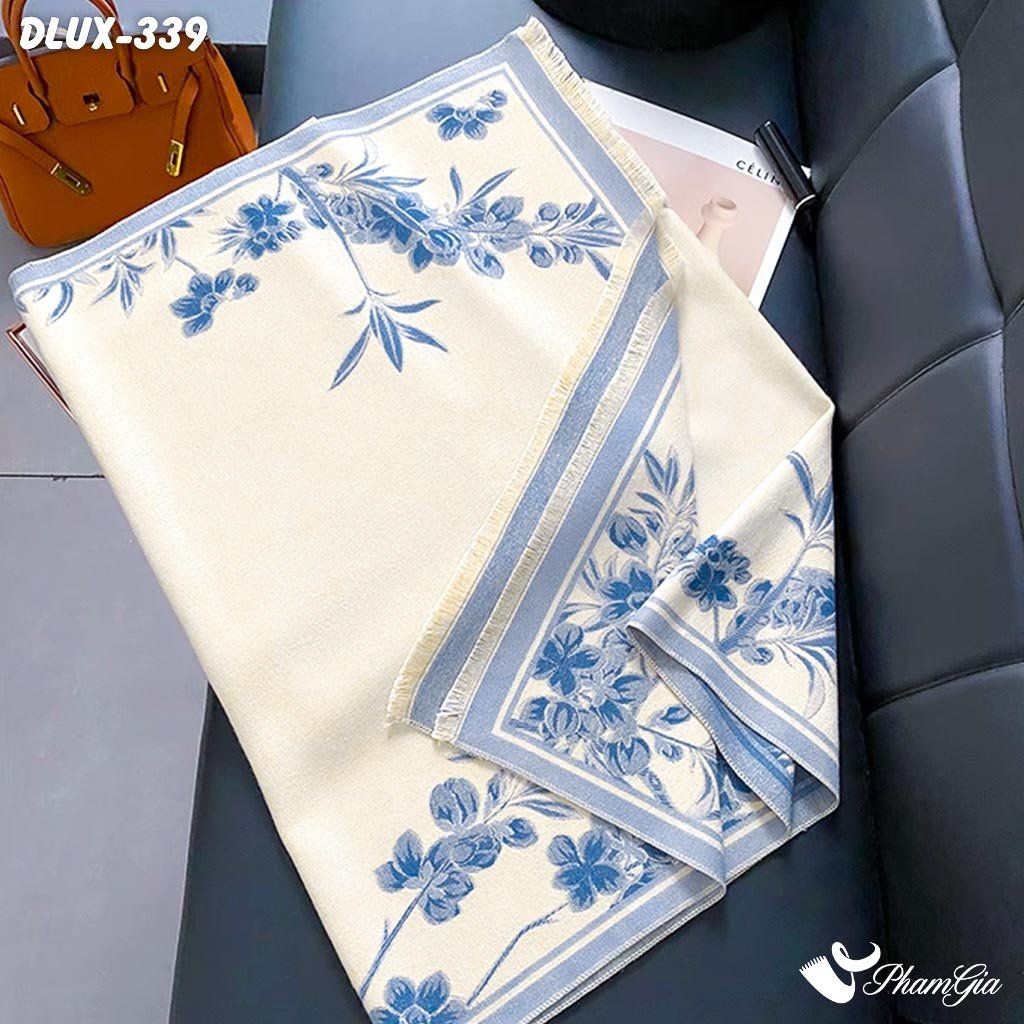 Khăn Choàng Dạ Cashmere Cao Cấp Họa Tiết Hoa Nhài Màu Xanh Lơ Trang Nhã (DLUX339)