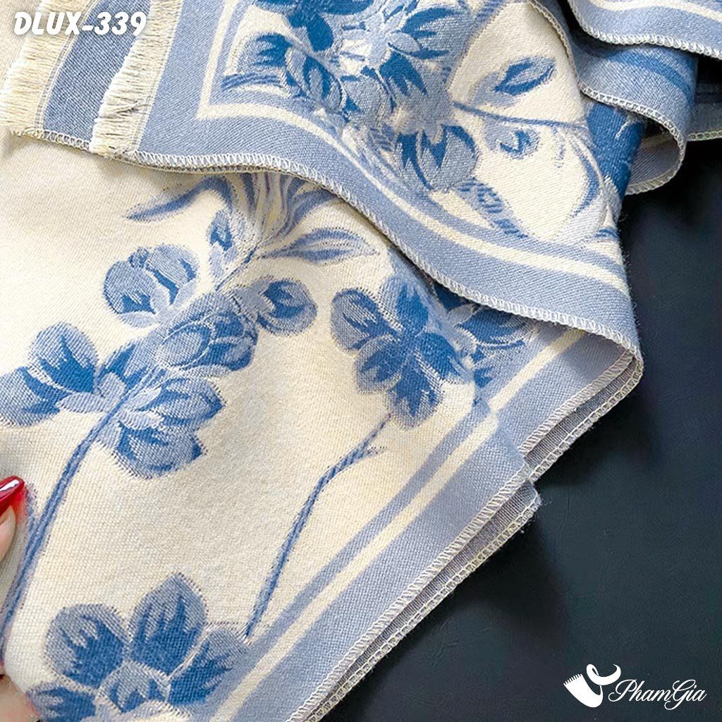 Khăn Choàng Dạ Cashmere Cao Cấp Họa Tiết Hoa Nhài Màu Xanh Lơ Trang Nhã (DLUX339)